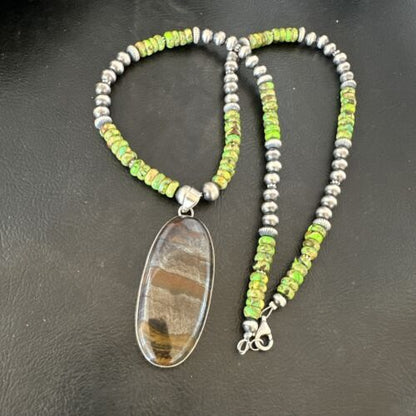 Navajo Green Turquoise Jasper Pendant | Sterling Silver Necklace | Authentic Native American Handmade | 17053
