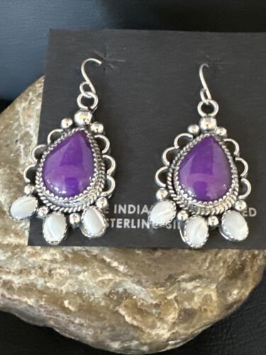 Navajo Purple Sugilite White Mother of Pearl Earrings | Sterling Silver | 1" | Authentic Native American Handmade | 15334