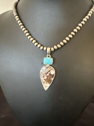 Navajo Wild Horse | Blue Kingman Turquoise Necklace | Sterling Silver | Authentic Native American Handmade | 17310