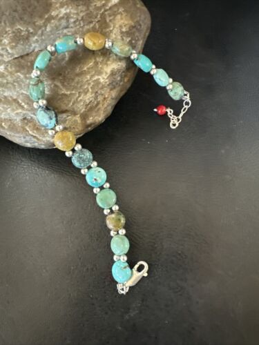 Women's Blue Turquoise Bead Bracelet | Southwestern Sterling Silver Link | 8" | 17570