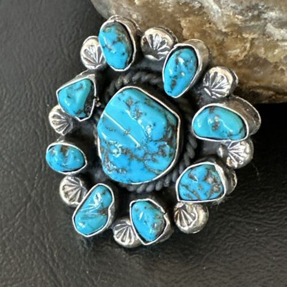 Navajo Kingman Turquoise Cluster Ring | Authentic Native American Sterling Silver | Multi-Stone | Sz 9.5 | 17422