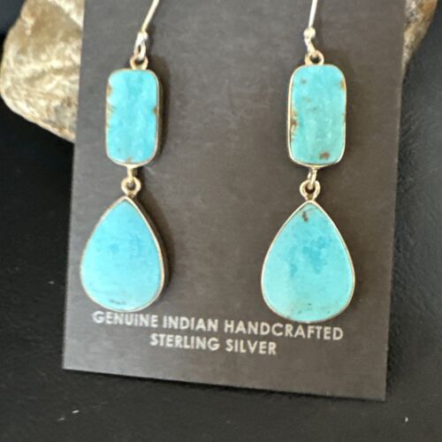 Navajo Blue Kingman Turquoise Dangle Earrings | Sterling Silver | Authentic Native American Handmade | 15123