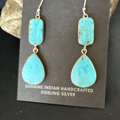 Navajo Blue Kingman Turquoise Dangle Earrings | Sterling Silver | Authentic Native American Handmade | 15123