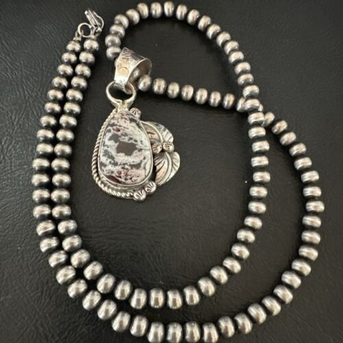 White Buffalo Turquoise Pendant | Navajo Pearls Sterling Silver Necklace 21" | Handmade Jewelry 17329