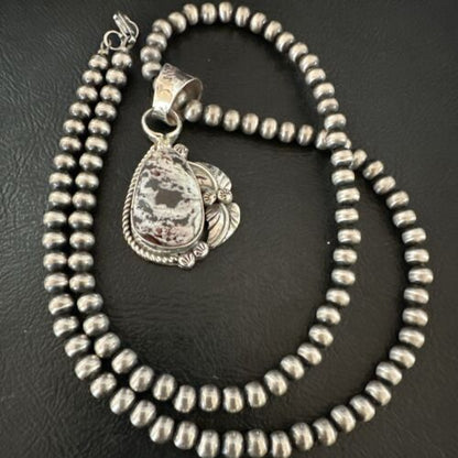 White Buffalo Turquoise Pendant | Navajo Pearls Sterling Silver Necklace 21" | Handmade Jewelry 17329