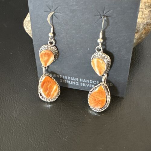 Navajo Orange Spiny Oyster Dangle Earrings | Sterling Silver | 1.5" | Authentic Native American Handmade | 16564