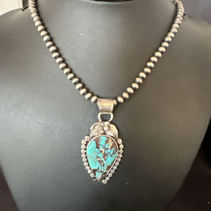 Navajo Blue Turquoise Pendant Necklace | Sterling Silver Pearls | Authentic Native American Handmade | 15642