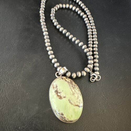 Navajo Green Gaspeite Pendant Necklace | Sterling Silver | Authentic Native American Handmade | 15489