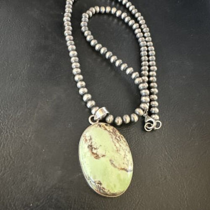 Navajo Green Gaspeite Pendant Necklace | Sterling Silver | Authentic Native American Handmade | 15489