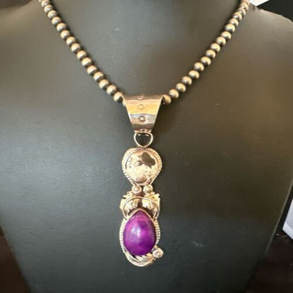 White Buffalo Turquoise & Sugilite Pendant | Navajo Pearls | Sterling Silver | Native American Handmade | 16871