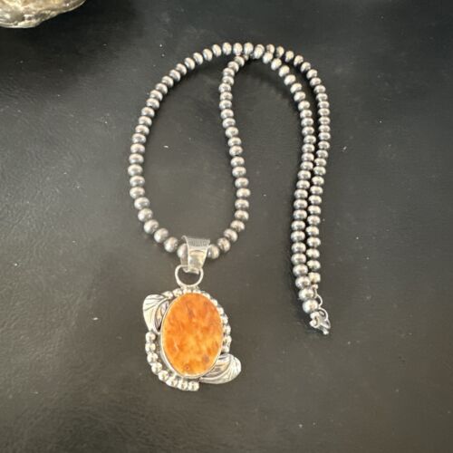 Navajo Orange Spiny Oyster Pendant Necklace | Sterling Silver Pearls | Authentic Native American Handmade | 16553