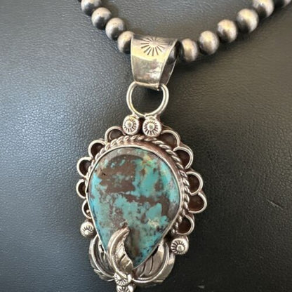 Navajo Blue Turquoise Pendant Necklace | Sterling Silver Pearls | Authentic Native American Handmade | 15644
