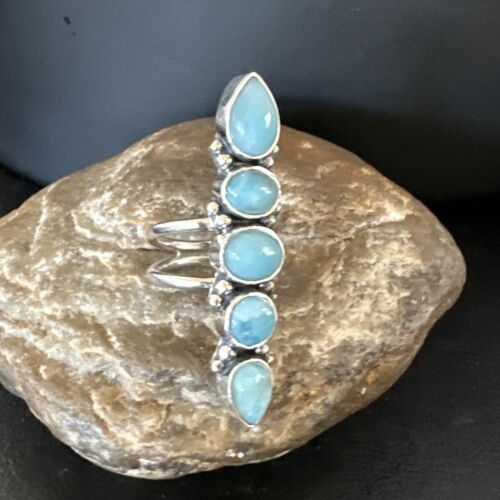 Navajo Blue Larimar Cluster Ring | Authentic Native American Sterling Silver | Multi-Stone | Sz 8.5 | 15936