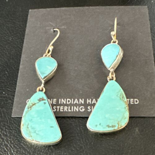 Navajo Blue Kingman Turquoise Dangle Earrings | Sterling Silver | Authentic Native American Handmade | 15102