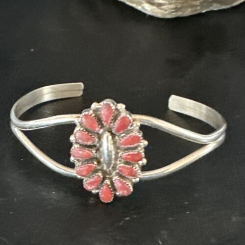 Navajo Red Coral Cluster Cuff Bracelet | Sterling Silver | Authentic Native American Handmade | 15245
