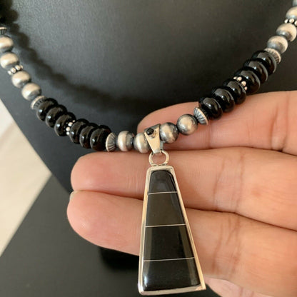 Navajo Black Onyx Bead Inlay Pendant Necklace | Sterling Silver | Native American Handmade | 01939