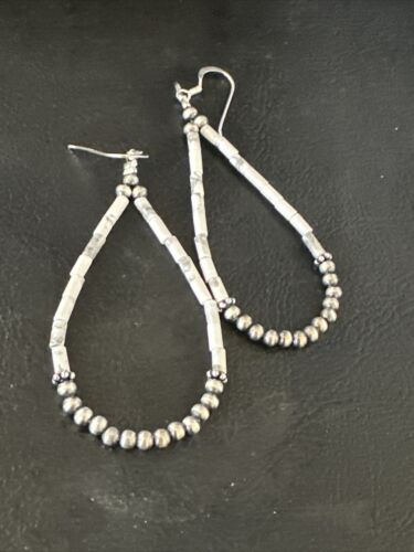 Navajo White Howlite Heishi Dangle Earrings | Sterling Silver | 2" | Authentic Native American Handmade | 15348
