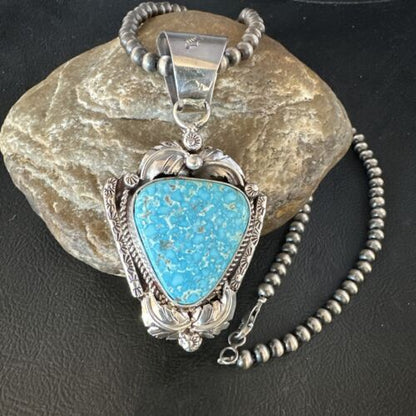 Navajo Kingman Turquoise Pendant Necklace | Sterling Silver Pearls | Authentic Native American Handmade | 15218