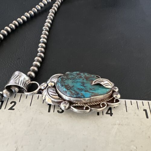 Navajo Blue Turquoise Pendant Necklace | Sterling Silver Pearls | Authentic Native American Handmade | 15643
