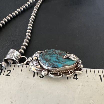 Navajo Blue Turquoise Pendant Necklace | Sterling Silver Pearls | Authentic Native American Handmade | 15643