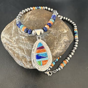 Navajo Spiny Oyster Turquoise Lapis Inlay Pendant Necklace | Sterling Silver | 21" | Authentic Native American Handmade | 16629