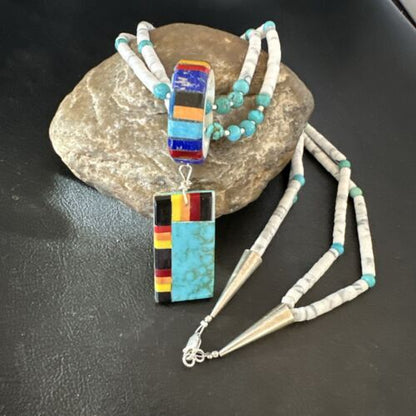 Santo Domingo Multi-Color Turquoise Necklace with Inlay Pendant | Sterling Silver | 24" | 16857 - Masha USA