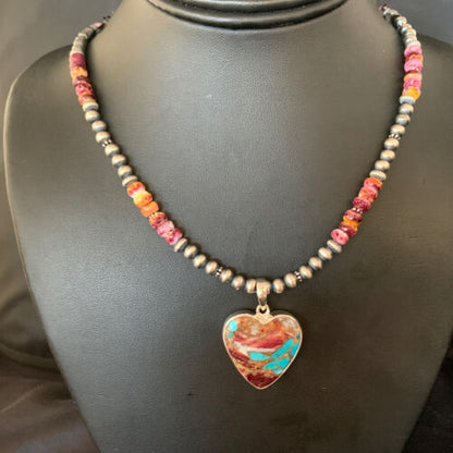 Navajo Turquoise and Spiny Oyster Pendant Necklace | Sterling Silver | 20" | 13871