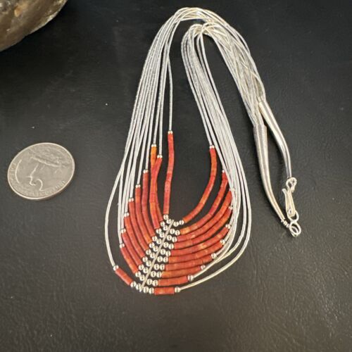 Navajo Red Coral Liquid Silver Heishi Necklace | 10 Strand | Sterling Silver Tubes | 18" | 15139