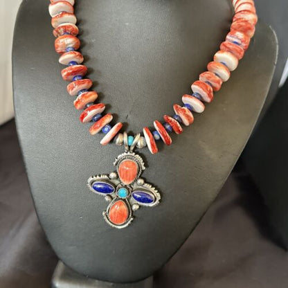 Navajo Red Spiny Oyster Lapis Pendant Necklace | Sterling Silver | Multi-Stone | 17668