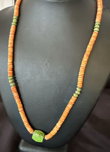 Navajo Green Turquoise & Orange Spiny Oyster Pendant | Sterling Silver | Authentic Native American Handmade | 17484