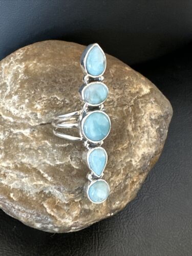 Navajo Blue Larimar Cluster Ring | Authentic Native American Sterling Silver | Multi-Stone | Sz 7.5 | 15943
