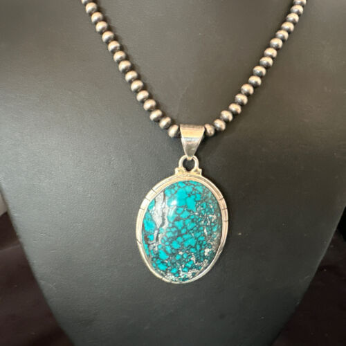 Men's Navajo Blue Spiderweb Turquoise Pendant Necklace | Sterling Silver | Authentic Native American Handmade | 16193
