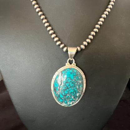 Men's Navajo Blue Spiderweb Turquoise Pendant Necklace | Sterling Silver | Authentic Native American Handmade | 16193