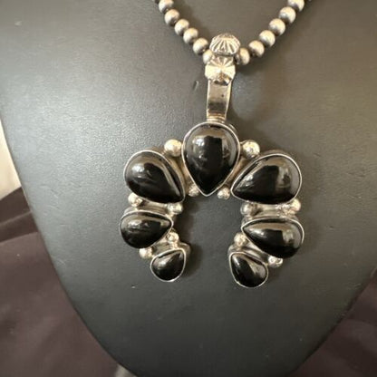 Men's Black Onyx Naja Pendant | Navajo Pearls Sterling Silver Necklace | Authentic Native American Handmade | 17070