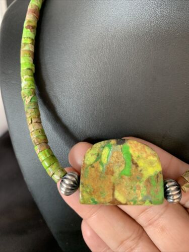 Navajo Green Gaspeite Turquoise Pendant | Sterling Silver | Authentic Native American Handmade | 13772