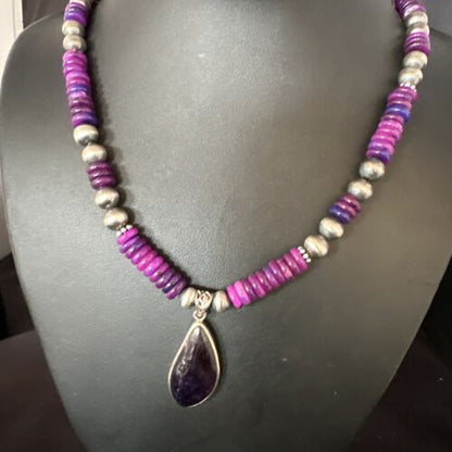 Navajo Pearls Purple Sugilite Pendant Necklace | Sterling Silver Beads | Authentic Native American Handmade | 15373