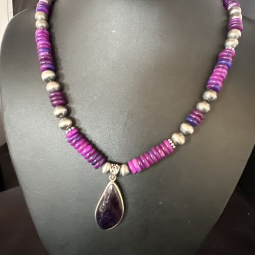 Navajo Pearls Purple Sugilite Pendant Necklace | Sterling Silver Beads | Authentic Native American Handmade | 15373