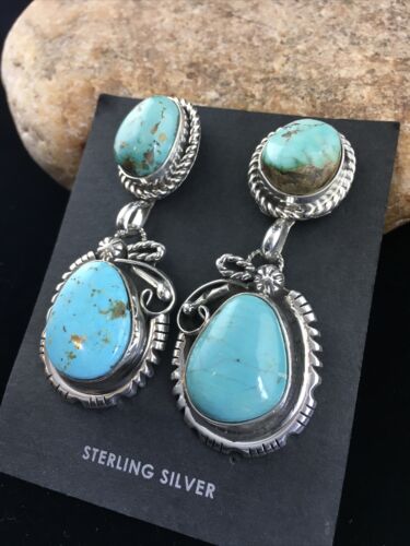 Navajo Kingman Turquoise Dangle Earrings | Sterling Silver | Authentic Native American Handmade | 1764
