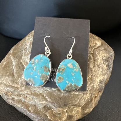 Navajo Blue Turquoise Dangle Earrings | Sterling Silver | Authentic Native American Handmade | 15433