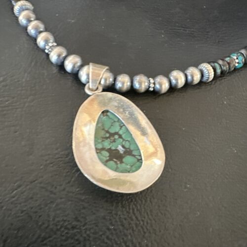Men's Navajo Blue Spiderweb Turquoise Pendant Necklace | Sterling Silver | Native American Handmade | 16240