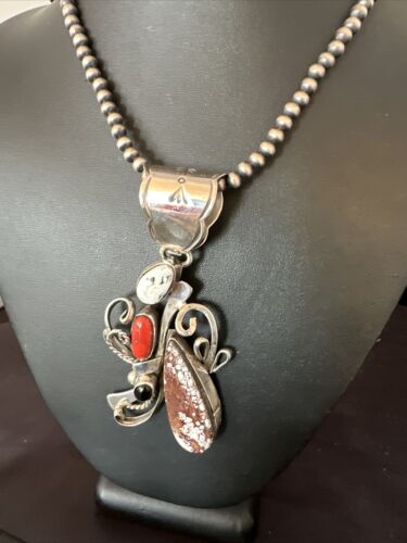 Navajo Sterling Silver Coral Wild Horse Necklace Pendant | Multi-Stone | Authentic Native American Handmade | 15946