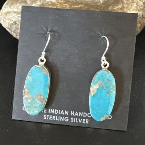 Navajo Blue Turquoise Dangle Earrings | Sterling Silver | Authentic Native American Handmade | 15432