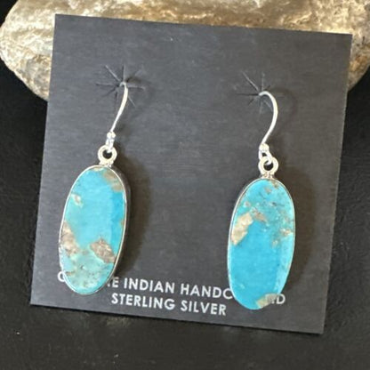 Navajo Blue Turquoise Dangle Earrings | Sterling Silver | Authentic Native American Handmade | 15432