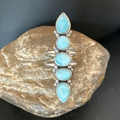 Navajo Blue Larimar Cluster Ring | Authentic Native American Sterling Silver | Multi-Stone | Sz 8.5 | 15935