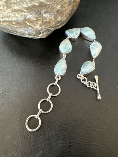 Navajo Blue Larimar Bracelet | Sterling Silver Link | 8" | Authentic Native American Handmade | 16082