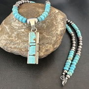 Turquoise #8 Inlay Pendant Necklace | Navajo Sterling Silver | Authentic Native American Handmade | 17057