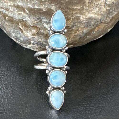 Navajo Women's Cluster Blue Larimar Ring | Authentic Native American Sterling Silver | Multi-Stone | Sz 7.5 | 16150