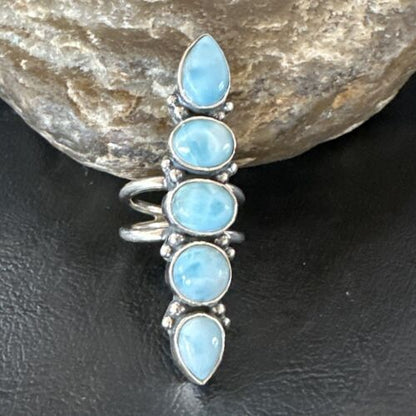 Navajo Women's Cluster Blue Larimar Ring | Authentic Native American Sterling Silver | Multi-Stone | Sz 7.5 | 16150