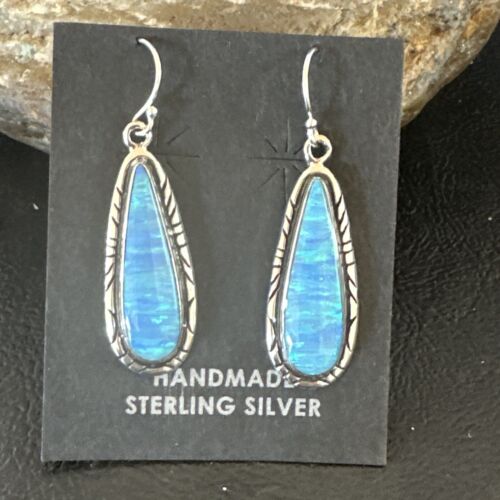 New Blue Opal Inlay Dangle Earrings | Sterling Silver | Authentic Native American Handmade | 16548