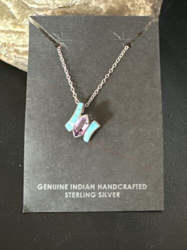 Amethyst Turquoise Pendant | Navajo Pearls | Sterling Silver Necklace 18" | 15282